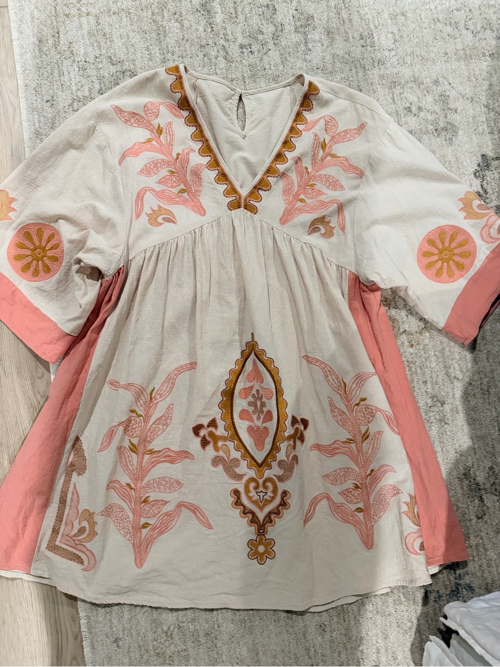 Cream Embroidered Boho Tunic with Coral Accents